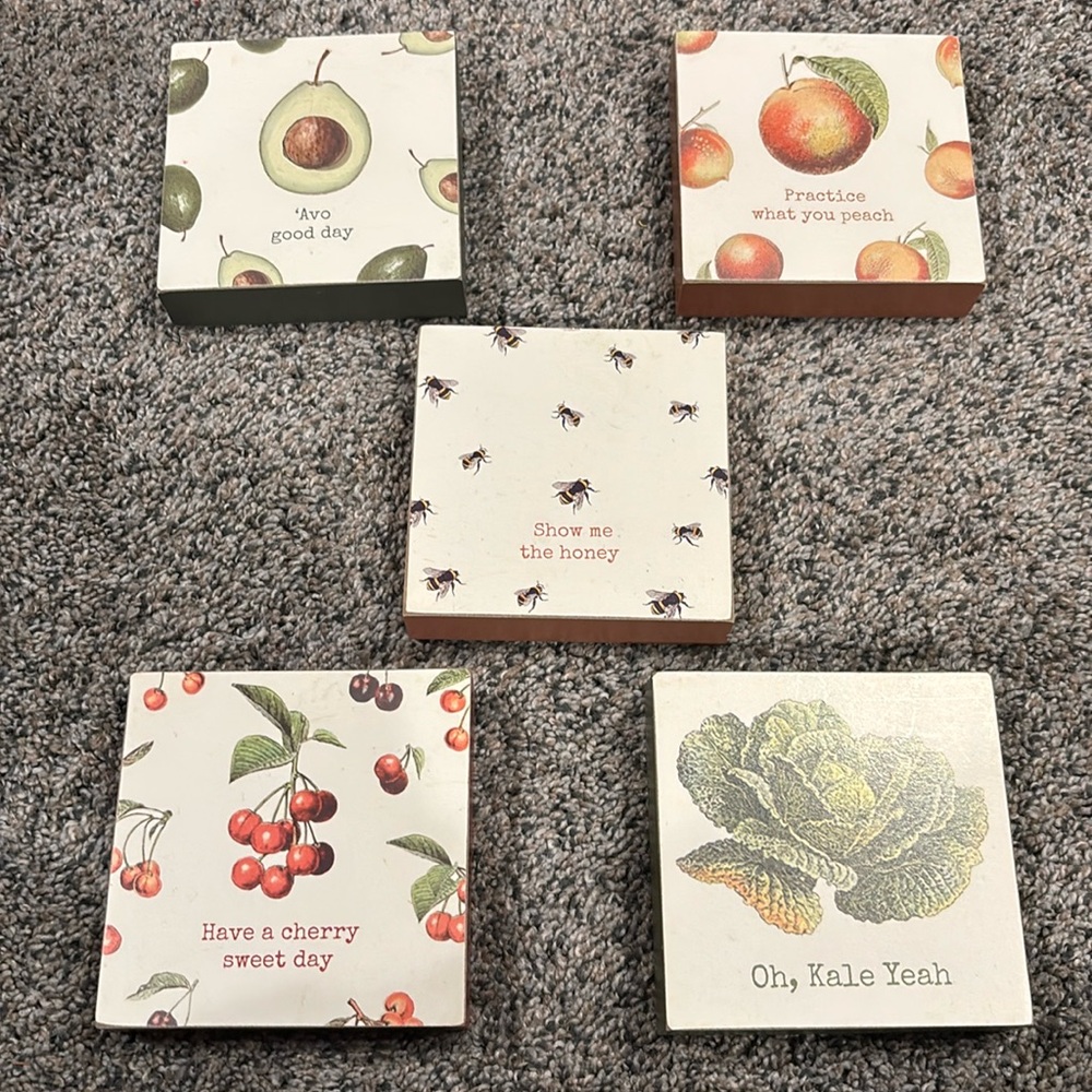 Fun PUN Kitchen food wood wall hangings 4x4” Avocado Cherry Peach Honey Cottage